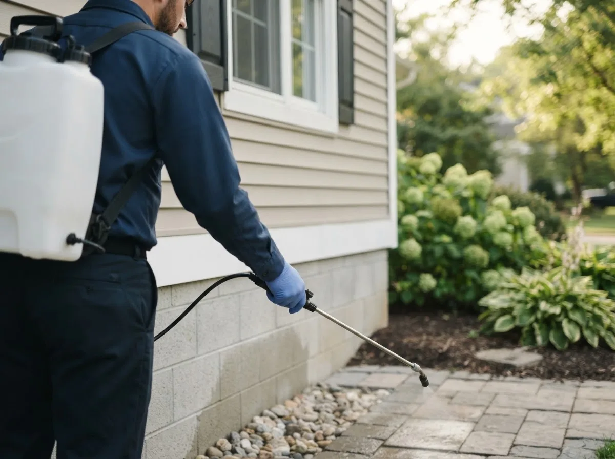 Pest control technician inspecting a home in Beaver Island, MI